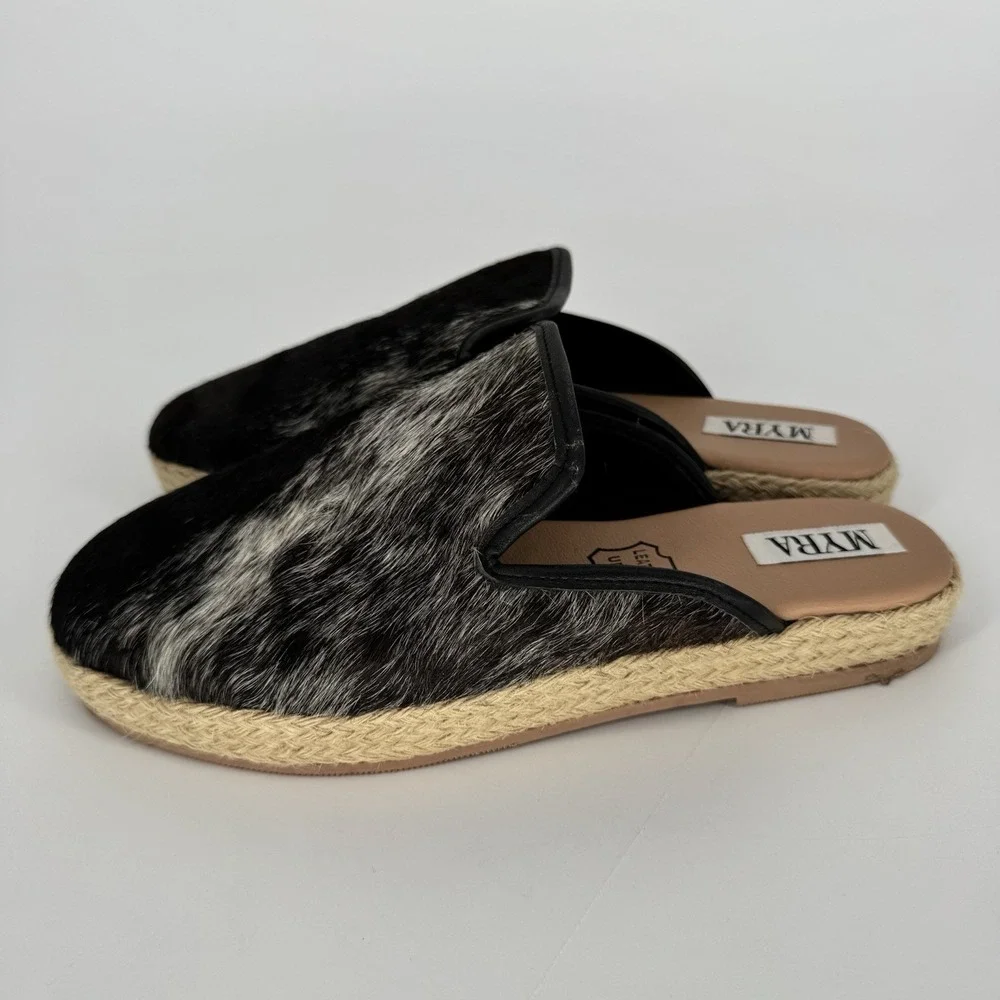 MYRA Ease Espadrilles Black and White Cowhide Leather Slip On Shoes‎ Women's 7